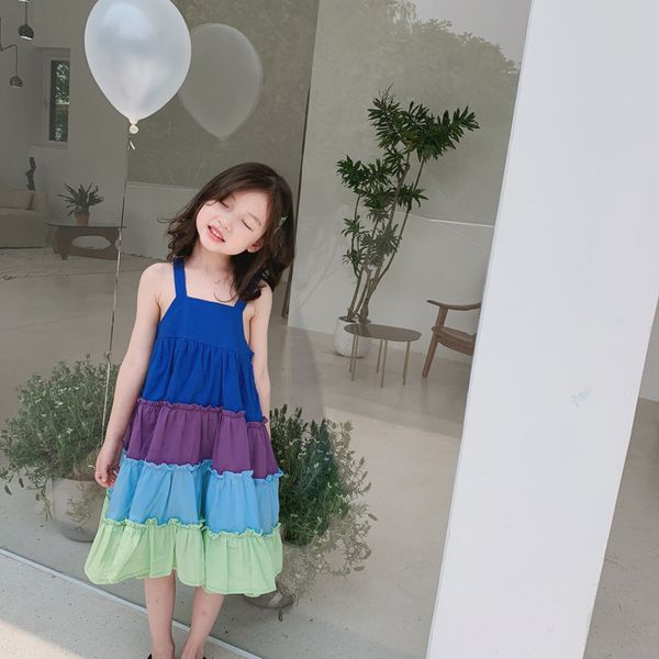

Ins Korea Exquisite Summer girls Clothes dress Sleeveless Rainbow Patchwork Print Girl Suspender Dress 100% Cotton girl Princess Dress