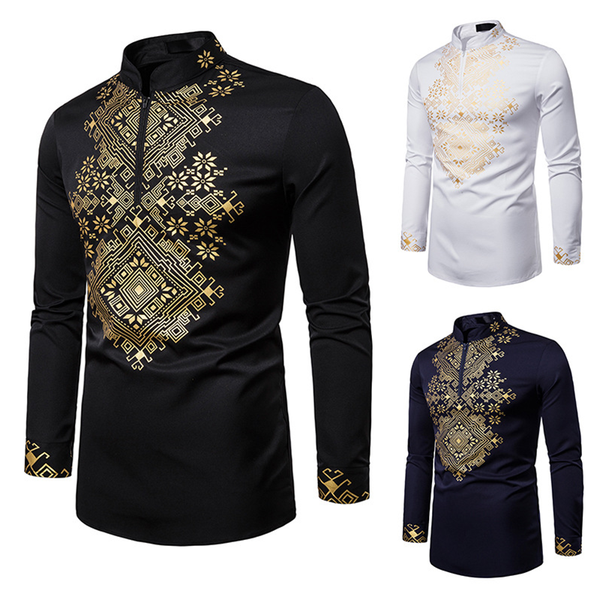 

men african dashiki print black golden long shirt stand high collar tunic with full sleeves wedding clothing suit wear, White;black