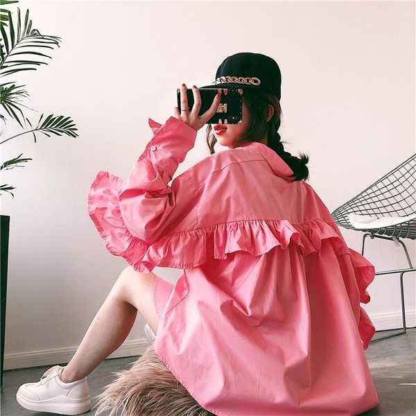 

lanmrem 2020 new summer and autumn turn-down collar ruffles sleeves single breasted pink blue colors shiort big size kb73105, White