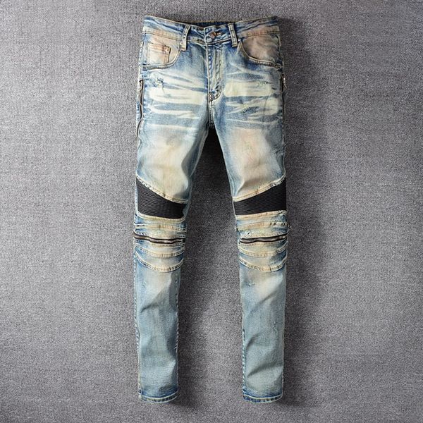 

mens designer jeans fashion distressed mens zipper motorcycle pants hole paint punk jeans black jeans, Blue