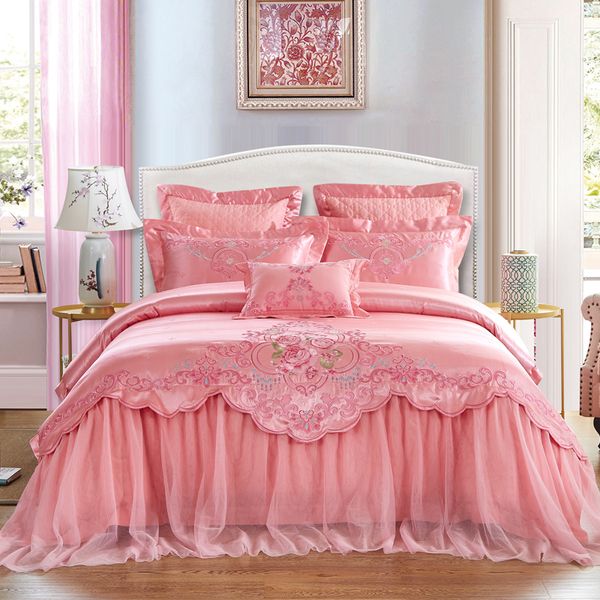 

pink luxury wedding style lace embroidery 100% jacquard cotton princess bedding set duvet cover bed sheet bedspread pillowcases