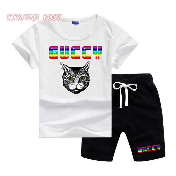 

kids designer clothes girls 2-7 t-shirts coats pants 2pcs/sets children sports sets short sleeve printing logo kids summer suit, White
