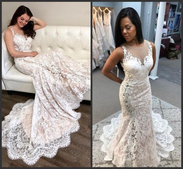 

2019 new elegant mermaid wedding dresses sheer neck lace appliqued bridal gowns trumpet plus size tulle wedding dress cheap, White