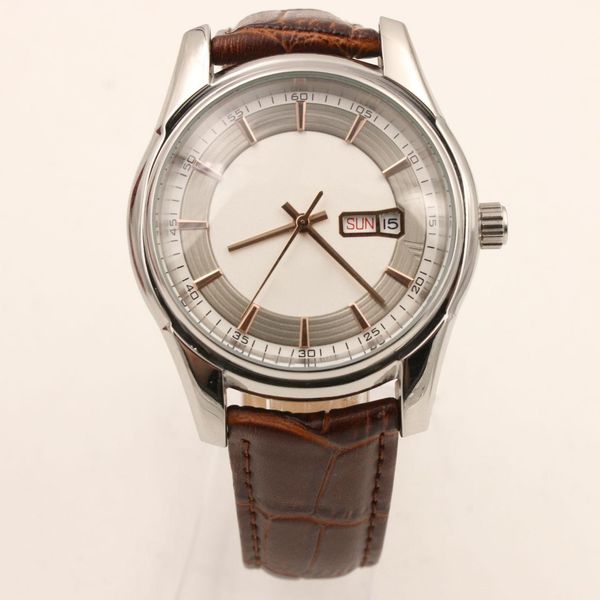 

men's watch 41mm white dial week calendar show butterfly flying style leather strap transparent sapphire mirror folding buckle, Slivery;brown