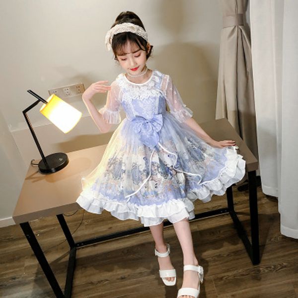 

5-10 years old cute girl dress children's new summer dress lace mesh children's wear girl loli princess violet pleated, Red;yellow