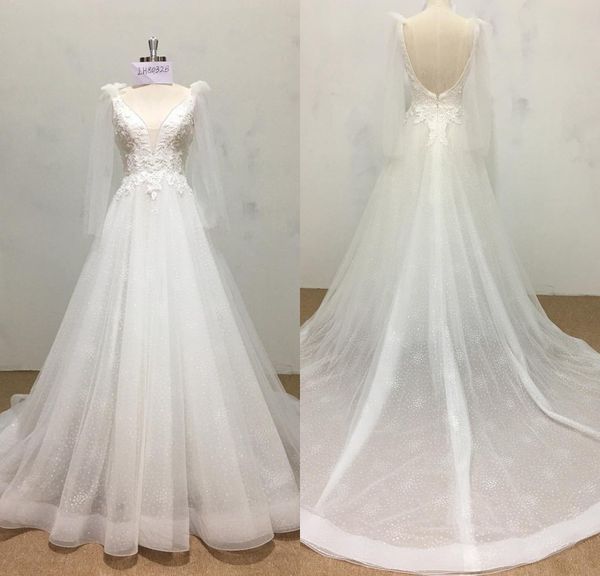 

bohemian a line luxury wedding dresses tulle lace applique pears sequins formal dress v neck backless sweep train bridal gowns, White