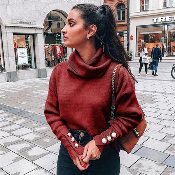 

fashion button turtleneck sweater women button sleeve sweater solid pullovers casual thin street, White;black