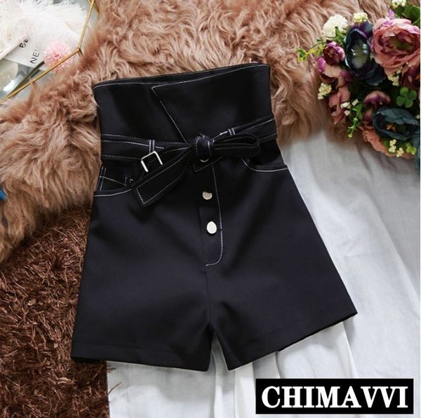 

2019 spring and summer new high waist belt tie bud shorts female black straight shorts all-match lady women's hot, White;black