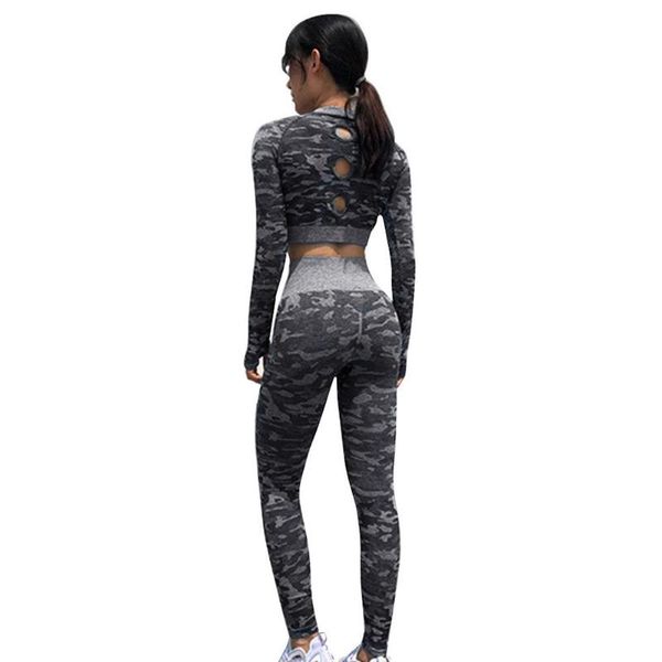

camouflage style tight yoga suit long sleeve quick-drying sports t-shirt running fitness clothes women back hollow yoga clothes, White;red