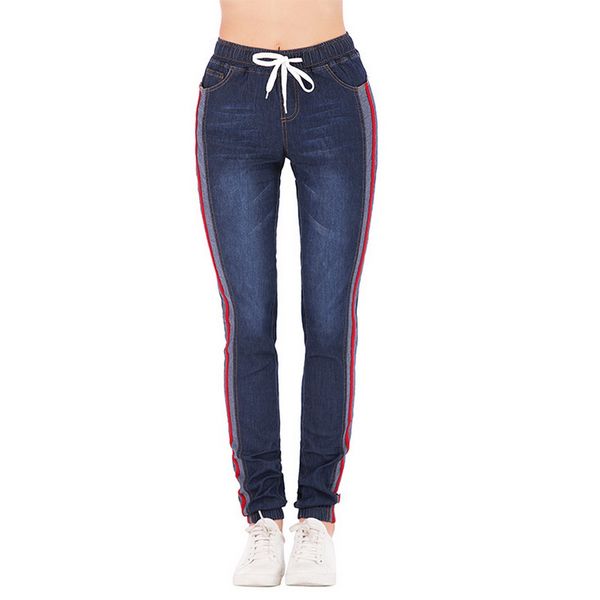 

cysincos 2019 new brand jeans women casual drawstring high waist pants side striped trousers patchwork straight denim pants 5xl, Blue