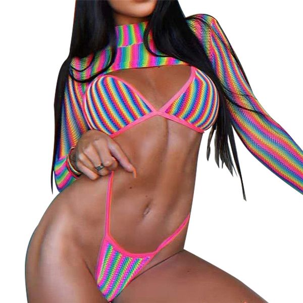 

bikinis set 3pcs women swimsuits 2021 summer rainbow striped swimwear female bathing suit beach long sleeve