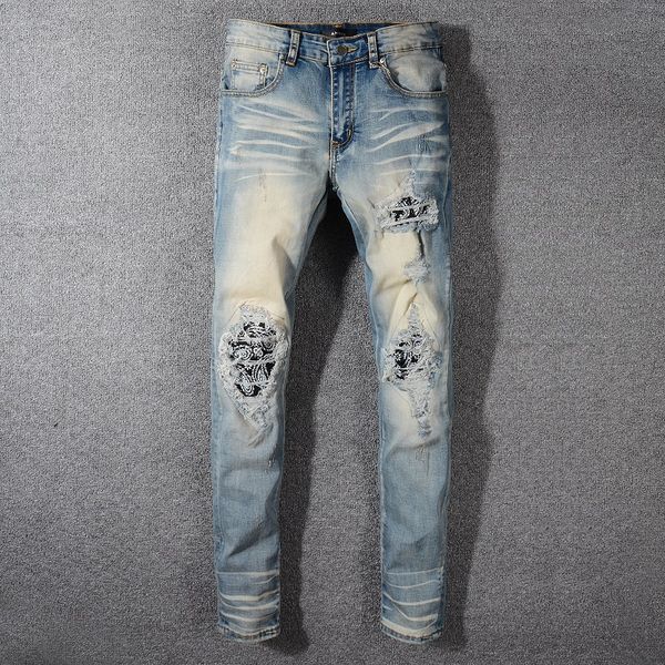 

20s fashion casual brand men's washed pleated design casual blue slim hole stitching lightweight jeans man's moto hole jeans pants