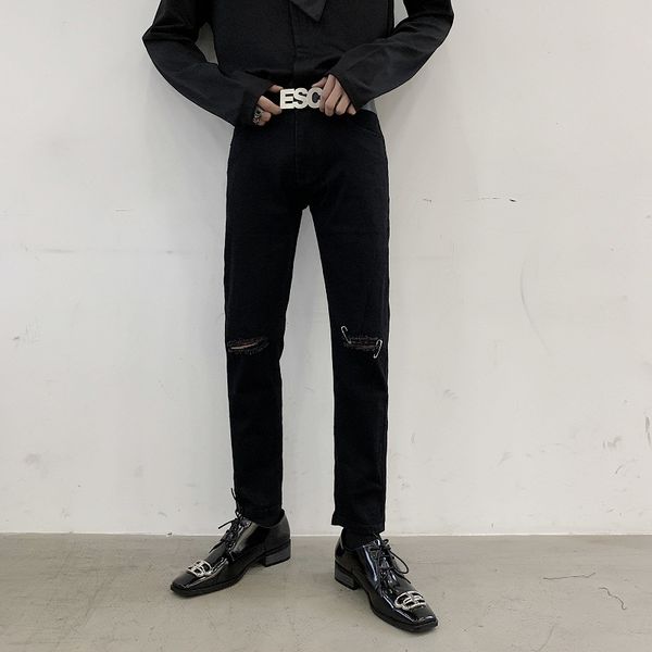 

new men women elastic broken hole slim fit black ankle -length denim pant male high street hip hop punk gothic jeans trousers, Blue