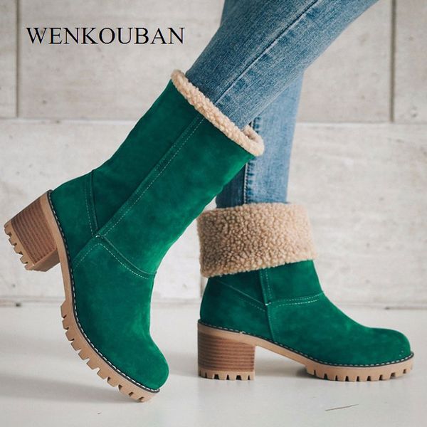 

winter plush warm women ankle snow boots square heel ladies platform flock shoes autumn female slip-on bota feminina 2019 mx200324, Black