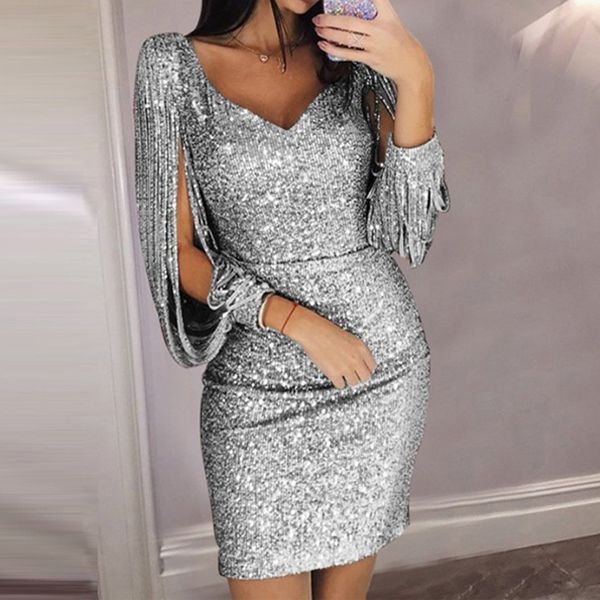 

tassel lantern sleeve sequin dress women v neck bodycon dresses summer fashion elegant party dress sequined vestidos 8l1509, Black;gray