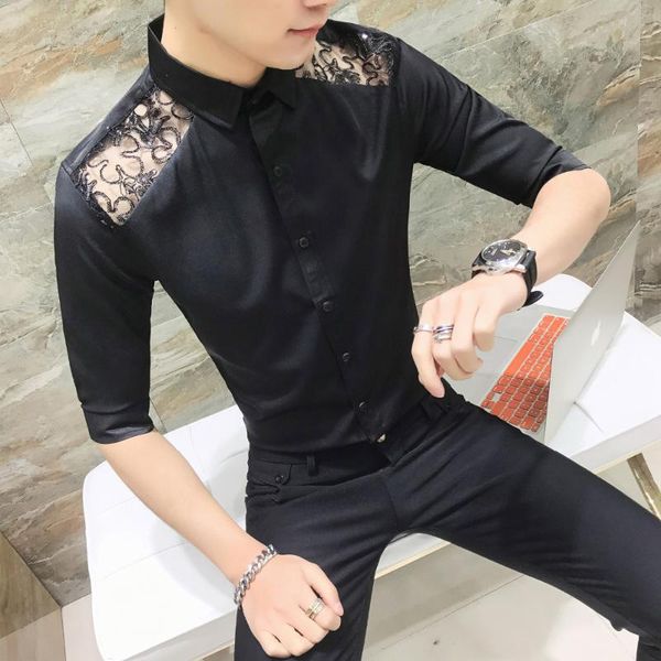 

2018 mens tuxedo shirt fashion slim fit shouler hollow dress shirts men half sleeve plus size hairstylist work shirts, White;black