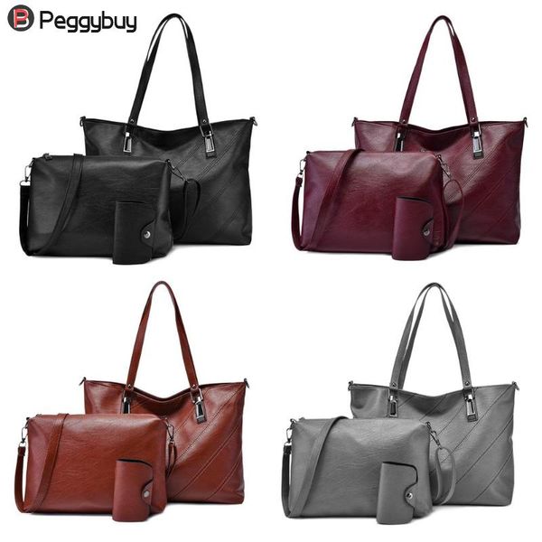 

3pcs fashion pu leather women clutch handbag solid color crossbody shoulder messenger bags handle tote