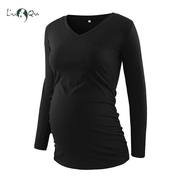 

womens clothing v neck long sleeve pocket pregnant blouses maternity clothes side shirred cotton pregnancy casual fitted, White