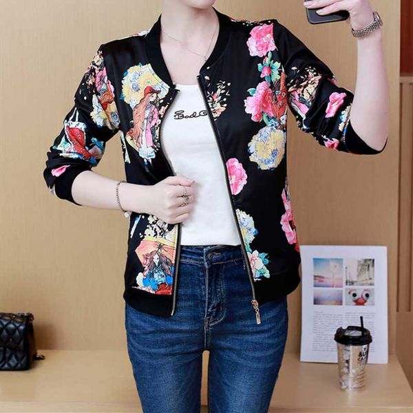 

short jacket women spring autumn retro print zipper up casual jackets coats ladies baseball coat streetwear basic jackets female, Black;brown