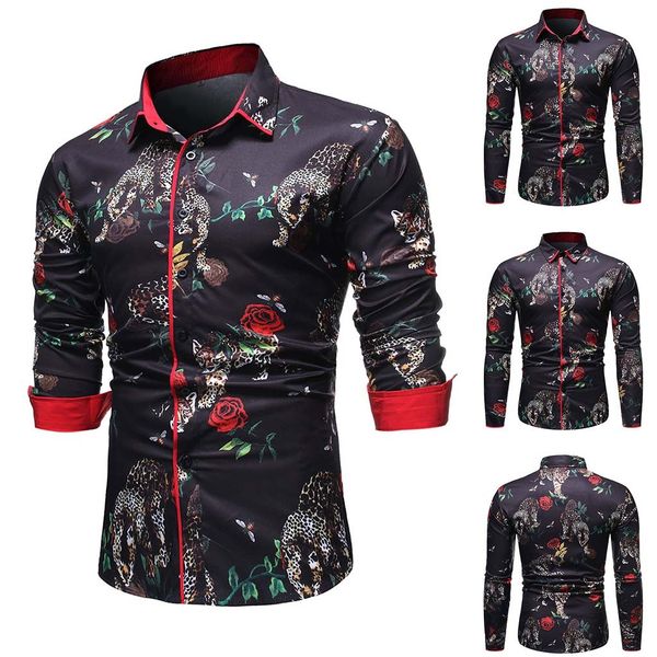 

factory direct sales men's autumn new casual fashion animal printing slim lapel long sleeve shirt men's shirts winter fashion, White;black