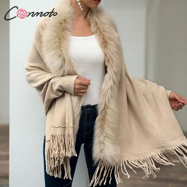 

conmoto women fashion faux fur knit cardigan cape coat 2019 autumn winter loose bat sleeve knit jacket tassel casual outwear, White