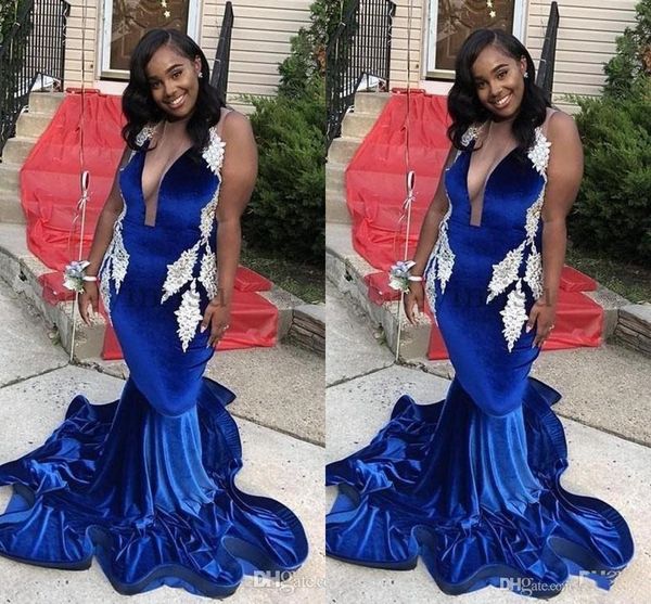 

royal blue sexy mermaid prom dresses deep v образным вырезом бархатная спинка белая аппликация длинное вечернее платье вечерние платья vesti, Black