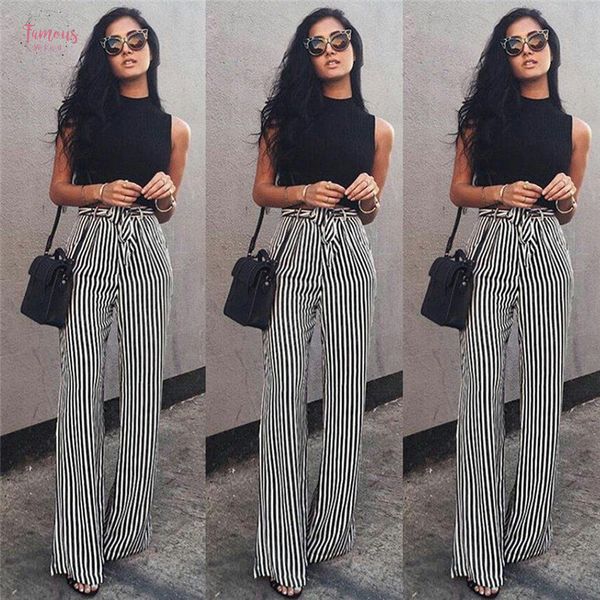 

palazzo pants wide leg ladies striped women drawstring long loose high waist trousers loose plus size flat pants, Black;white