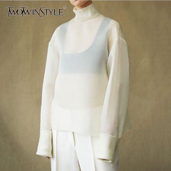 

twotwinstyle casual perspective women t-shirt turtleneck long sleeve loose female korean spring fashion 2019 new, White