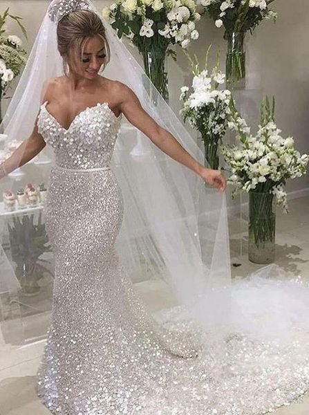

charming white sequins strapless wedding dress mermaid 2020 train luxury paillette lace wedding bridal gowns robe de mariée sirène