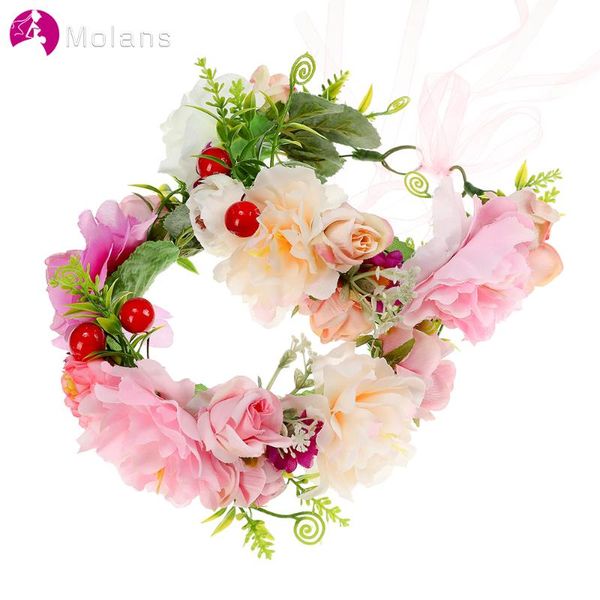 

molans bride women flower crown hair band wedding floral headband garland ribbon bow girl flower wreath elastic hair accessories