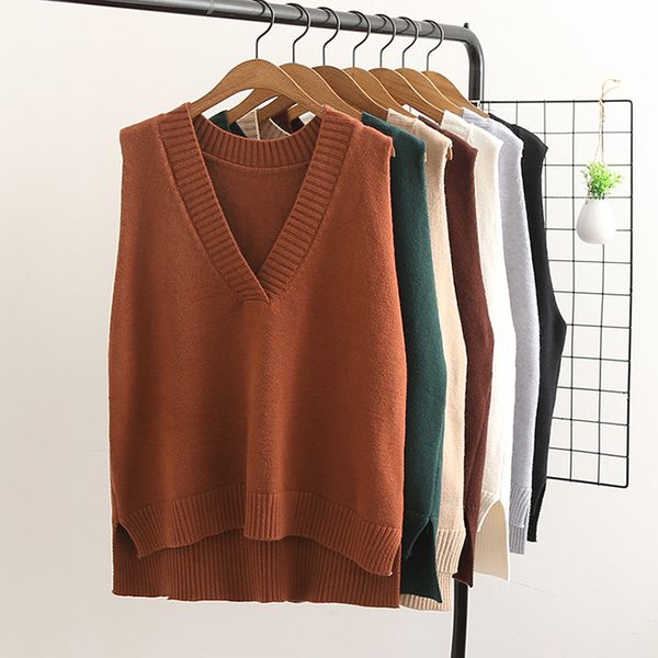 

2019 spring autumn new arrival wool sweater vest knitted women loose sleeve vest v-neck female pullovers sweater lj2207, Black;white