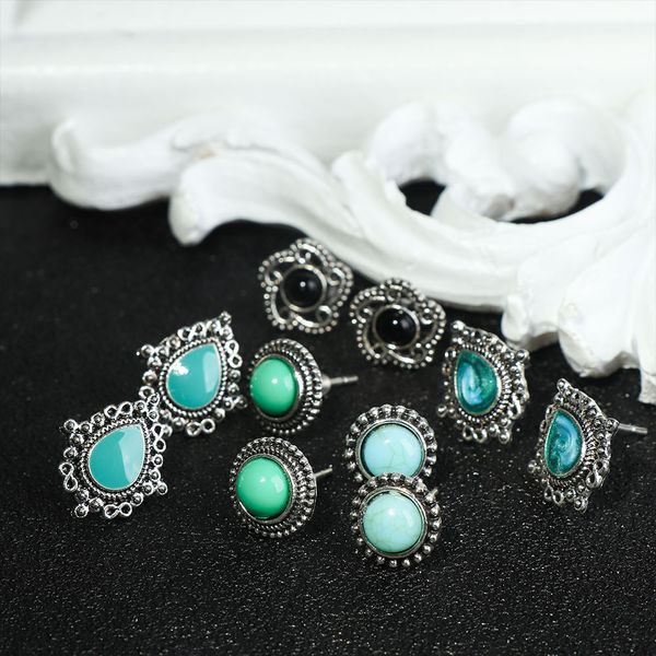 

5 pairs crystal stone stud earrings set for women bohemian blue flower round earrings statement jewelry, Golden;silver