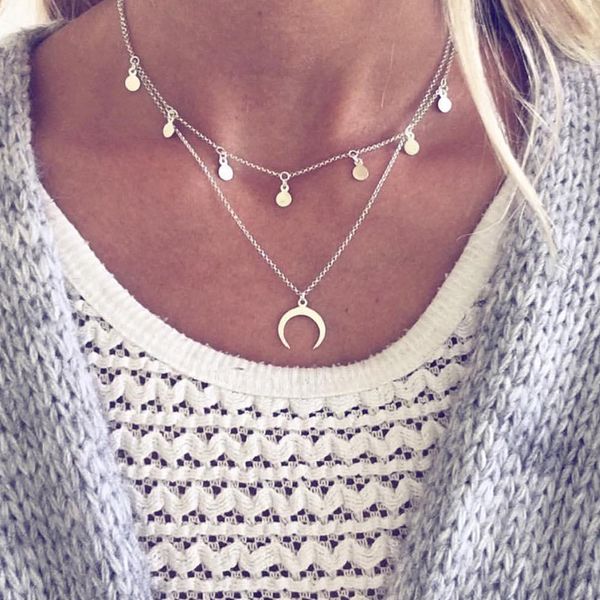 

2017 new fashion double horn necklace crescent moon necklace boho jewelry minimal girlfriend gift lady choker, Golden;silver
