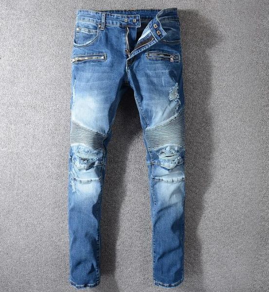 

mens distressed ripped biker jeans slim fit motorcycle biker denim for men fashion designer sexyxxl balmain mens jeans good quality, Blue