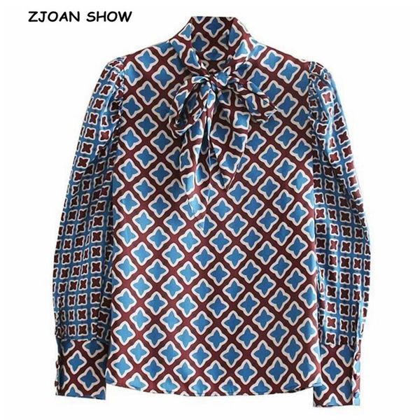 

2019 autumn contrast color geometric plaid tide bow collar women shirt vintage long puff sleeve pullover blouse, White