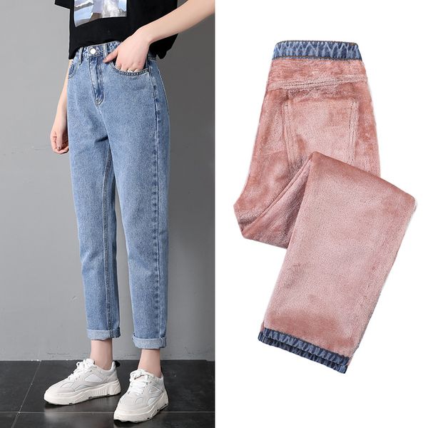 

winter plus размер плюс бархат, чтобы сохранить теплые женские джинсы стрейч брюки шаровары синий высокой талии джинсы женщина низ мама, Blue