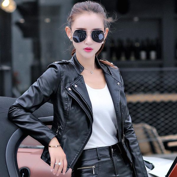 

2019 новая мода кожа осень и зима короткие кожаные куртки pu дамы, Black
