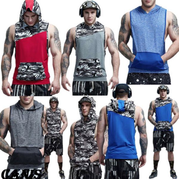 

stylish men o-neck pockets sleeveless camouflage stitching hooded bodybuilding gym fitness casual clothing m-xxxl, White;black