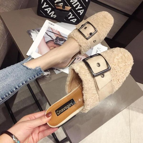 

female shoes plush slippers for adults loafers luxury slides low cover toe shose women 2020 fur designer flat pu rome rubber, Black