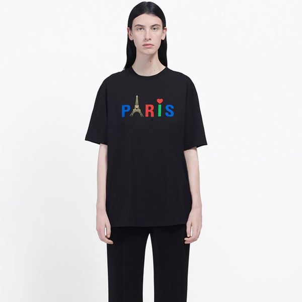 

20ss paris eiffel tower printed t-shirt fashion solid simple short sleeves summer casual crew neck tee black street men women hfhltx079, White;black