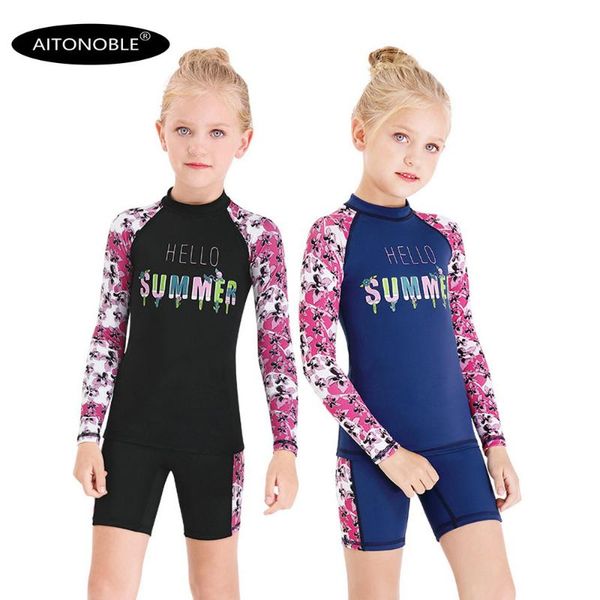 

aitonoble 2020 new girls rash guard upf 50+ kids diving suit long sleeve wetsuit