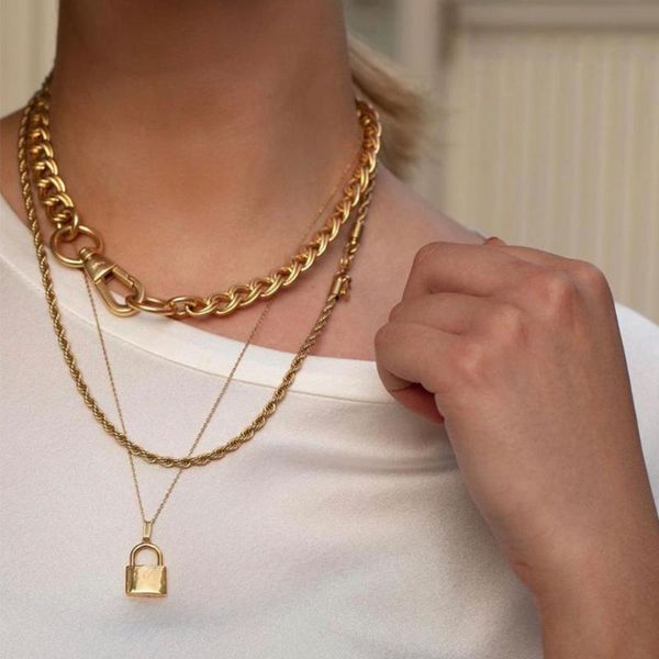 

necklace for women men curb twist chain choker necklace punk hip hop padlock pendant neck collar jewelry gold color accessories, Silver