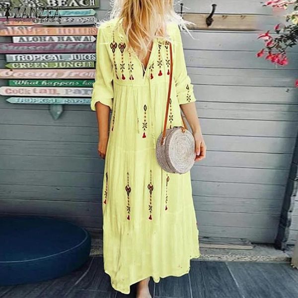 

monerffi 2020 женского printed sundress bohemian v шея мундир vestidos плюс размер платье макси женщина мода с длинным рукавом robe femme, Black;gray
