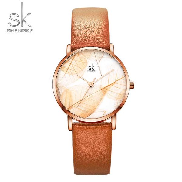 

shengke women watches sk ladies creative leather strap quartz clock fashion casual female wristwatches gift, Slivery;brown