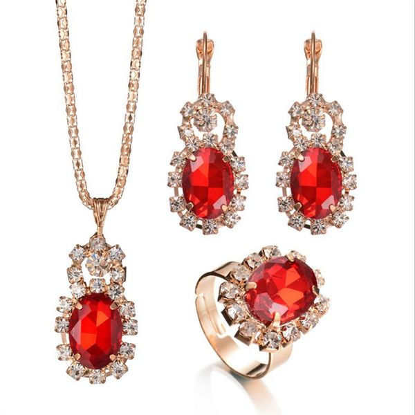 

new fashion oval crystal inlaid two-color necklace earrings ring jewelry ladies temperament set ball valentine's day gift a365, Silver