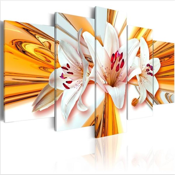 

hd modern wall deocr canvas painting 5 pcs gold lily flower modern printed oil pictures beauty in home living room no frame