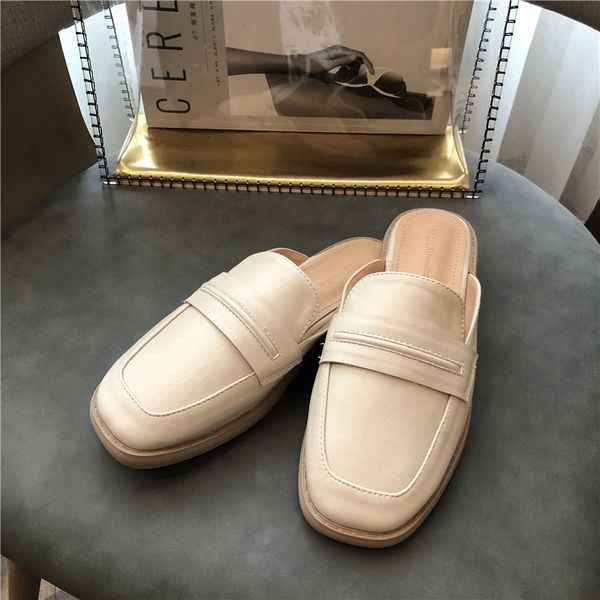 

slippers women mules designers outside dress woman square toe flat sandals leather casual slides ladies shoes 2021 summer, Black