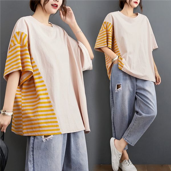 

artistic large size women's t-shirt fat mm loose stripes stitching all-match half sleeve covering belly slim short sleeve t-shirt, White