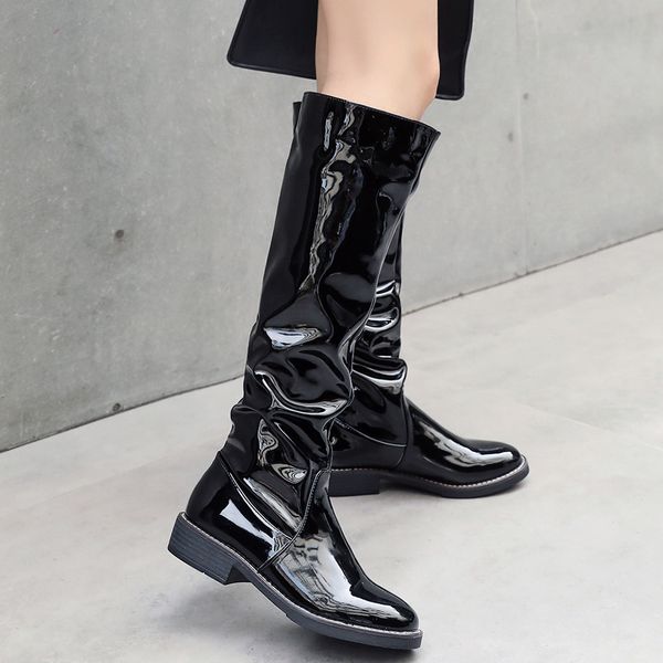 

sarairis 2019 plus size 43 leisure female boots slip on patent boots square heels shoes woman riding women's shoes, Black