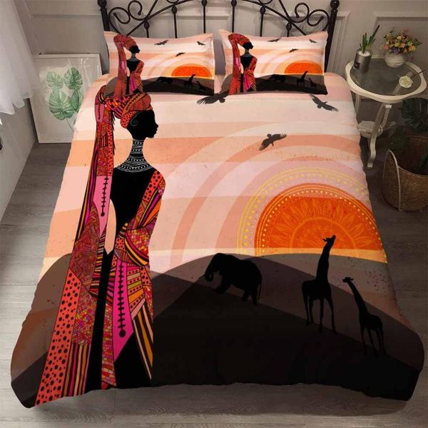 

african woman in traditional dress bedding set ethnic afro decor duvet covers 2/3 pieces ancient print bedspread dropship
